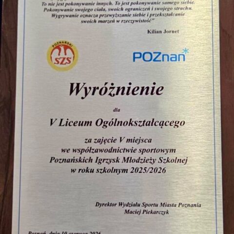 Sukces sportowy W uroczystym podsumowaniu współzawodnictwa sportowego szkół ponadpodstawowych Miasta Poznania zorganizowanym…