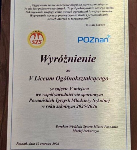 Sukces sportowy W uroczystym podsumowaniu współzawodnictwa sportowego szkół ponadpodstawowych Miasta Poznania zorganizowanym…